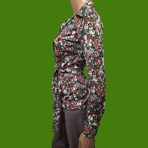 Vintage 70s Blouse Belted Floral Disco Dagger Collar Long Sleeve Button Up Sz S - Picture 7 of 11
